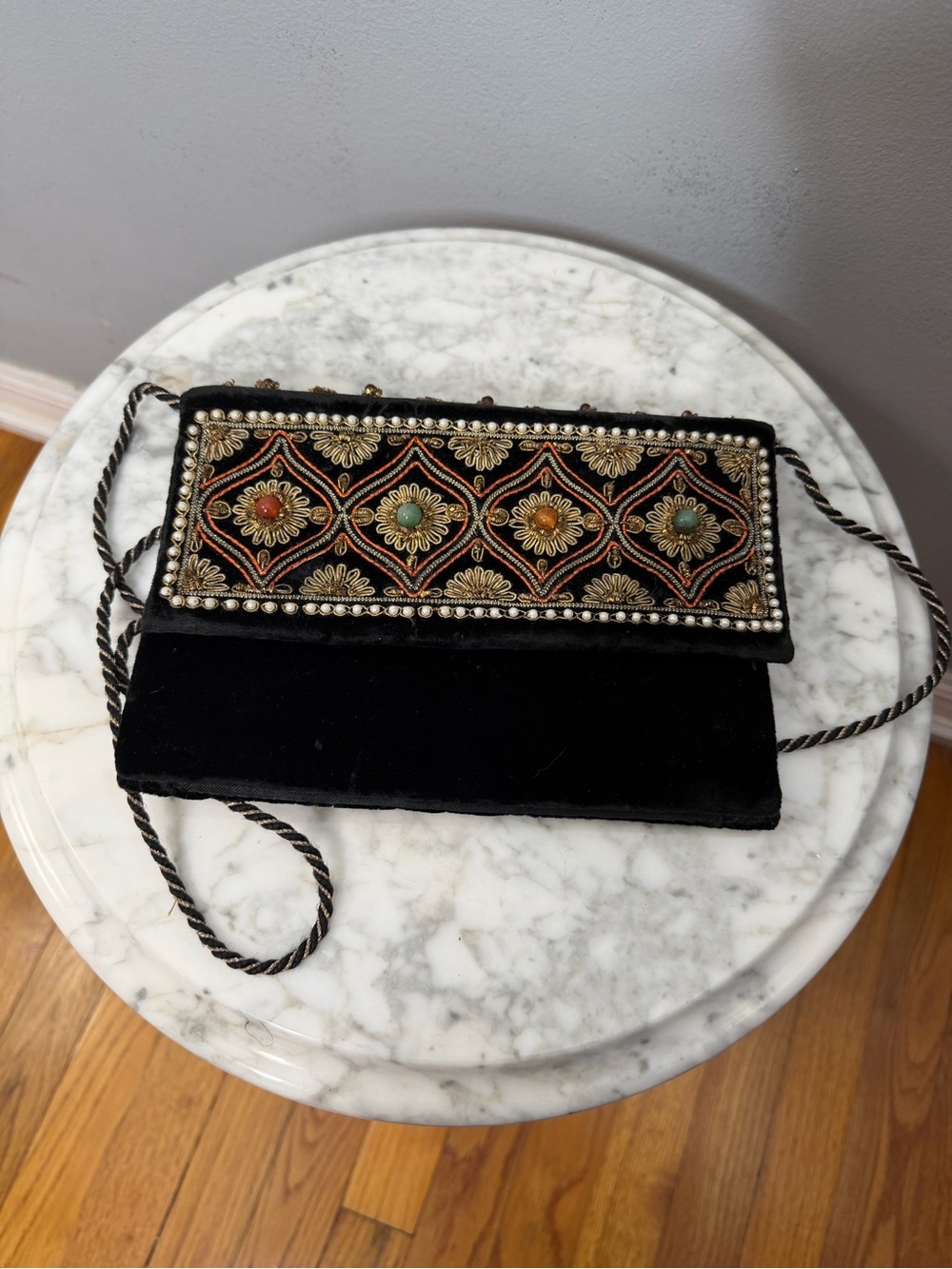 Vintage Black Velvet Zardozi Zari Embroidered Gemstone Evening Bag